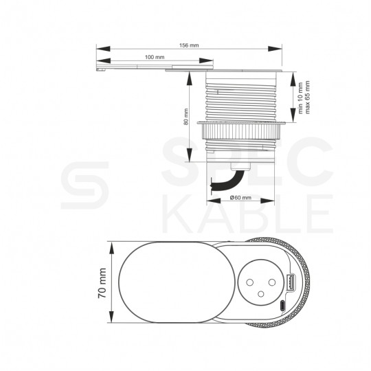 Gniazdo meblowe chowane w blat SLIDE BOX okrągłe aluminiowe pojedyncze 1x [2P+Z] 16A + gniazdo ładowania 2x USB A+C (5V / 39,4A)