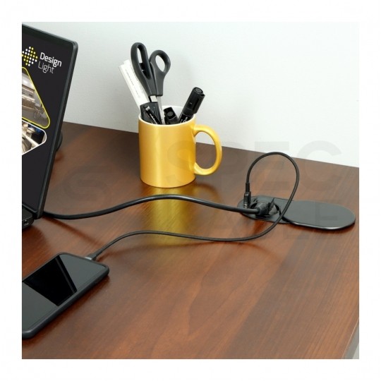 Gniazdo meblowe chowane w blat SLIDE BOX okrągłe aluminiowe pojedyncze 1x [2P+Z] 16A + gniazdo ładowania 2x USB A+C (5V / 39,4A)
