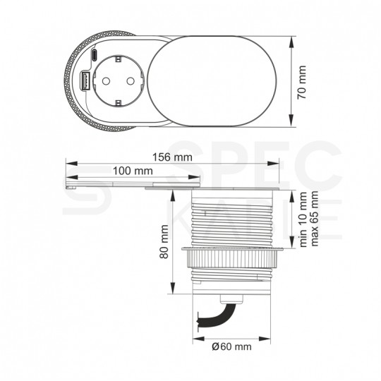 Gniazdo meblowe chowane w blat SLIDE BOX okrągłe aluminiowe pojedyncze 1x [2P+Z] Schuko 16A + gniazdo ładowania 1x USB A 1x USB C (5V / 3,4A) z przewodem 1,9m