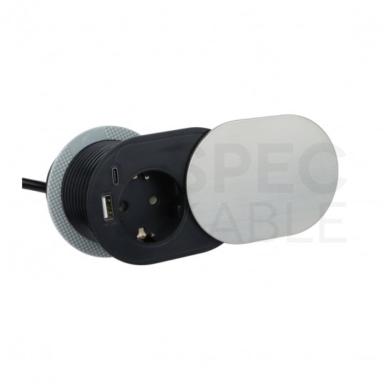 Gniazdo meblowe chowane w blat SLIDE BOX okrągłe aluminiowe pojedyncze 1x [2P+Z] Schuko 16A + gniazdo ładowania 1x USB A 1x USB C (5V / 3,4A) z przewodem 1,9m