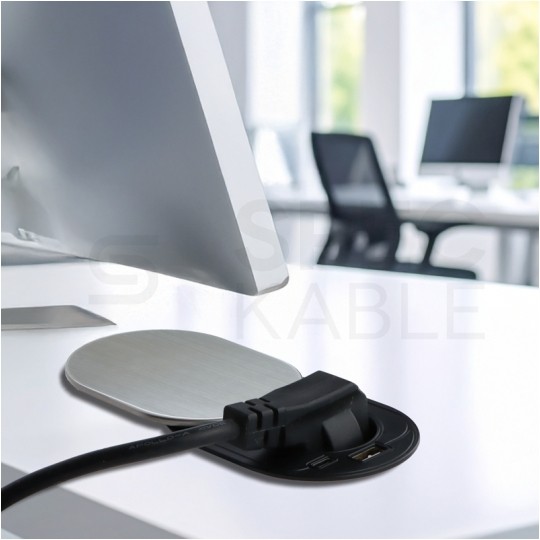 Gniazdo meblowe chowane w blat SLIDE BOX okrągłe aluminiowe pojedyncze 1x [2P+Z] Schuko 16A + gniazdo ładowania 1x USB A 1x USB C (5V / 3,4A) z przewodem 1,9m