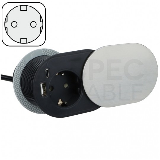 Gniazdo meblowe chowane w blat SLIDE BOX okrągłe aluminiowe pojedyncze 1x [2P+Z] Schuko 16A + gniazdo ładowania 1x USB A 1x USB C (5V / 3,4A) z przewodem 1,9m