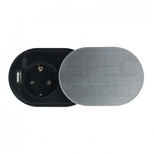 Gniazdo meblowe chowane w blat SLIDE BOX okrągłe aluminiowe pojedyncze 1x [2P+Z] Schuko 16A + gniazdo ładowania 1x USB A 1x USB C (5V / 3,4A) z przewodem 1,9m