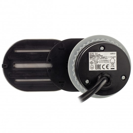 Gniazdo meblowe chowane w blat SLIDE BOX okrągłe aluminiowe pojedyncze 1x [2P+Z] Schuko 16A + gniazdo ładowania 1x USB A (5V / 2,4A)