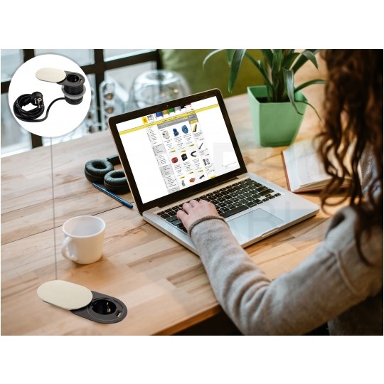 Gniazdo meblowe chowane w blat SLIDE BOX okrągłe aluminiowe pojedyncze 1x [2P+Z] Schuko 16A + gniazdo ładowania 1x USB A (5V / 2,4A)