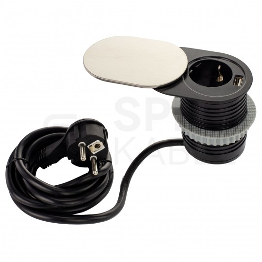 Gniazdo meblowe chowane w blat SLIDE BOX okrągłe aluminiowe pojedyncze 1x [2P+Z] Schuko 16A + gniazdo ładowania 1x USB A (5V / 2,4A)