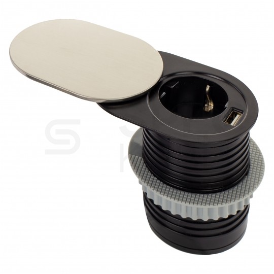 Gniazdo meblowe chowane w blat SLIDE BOX okrągłe aluminiowe pojedyncze 1x [2P+Z] Schuko 16A + gniazdo ładowania 1x USB A (5V / 2,4A)