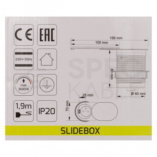 Gniazdo meblowe chowane w blat SLIDE BOX okrągłe aluminiowe pojedyncze 1x [2P+Z] Schuko 16A + gniazdo ładowania 1x USB A (5V / 2,4A)