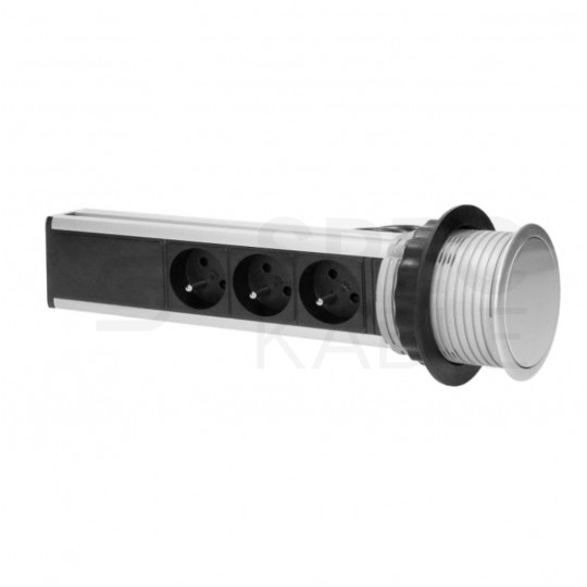 Gniazdo meblowe chowane w blat Virone okrągłe INOX potrójne 3x [2P+Z] 16A + gniazdo ładowania 2x USB-A (5V / 2,1A) z przewodem 1,8m VIRONE