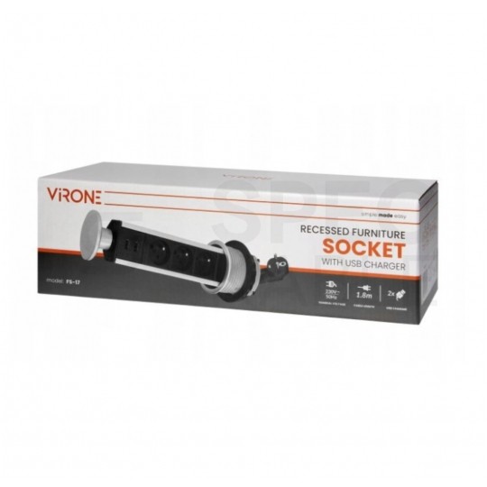 Gniazdo meblowe chowane w blat Virone okrągłe INOX potrójne 3x [2P+Z] 16A + gniazdo ładowania 2x USB-A (5V / 2,1A) z przewodem 1,8m VIRONE