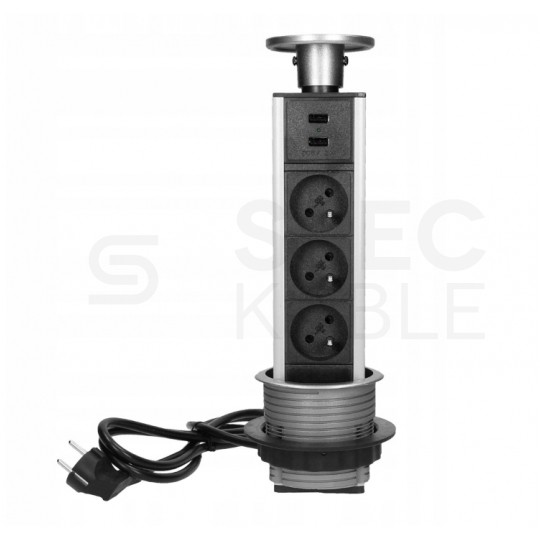 Gniazdo meblowe chowane w blat Virone okrągłe INOX potrójne 3x [2P+Z] 16A + gniazdo ładowania 2x USB-A (5V / 2,1A) z przewodem 1,8m VIRONE