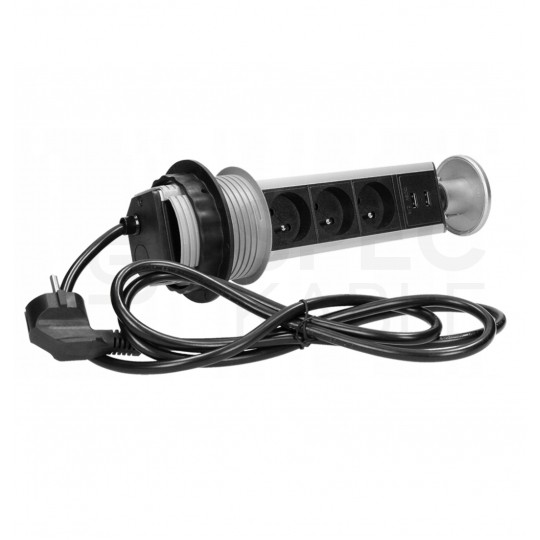 Gniazdo meblowe chowane w blat Virone okrągłe INOX potrójne 3x [2P+Z] 16A + gniazdo ładowania 2x USB-A (5V / 2,1A) z przewodem 1,8m VIRONE