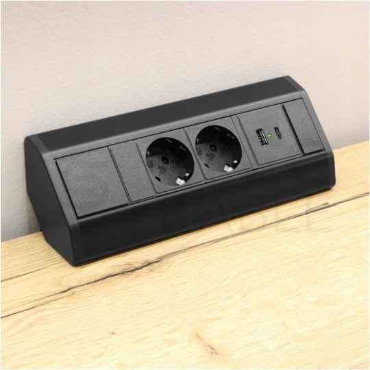 Gniazdo meblowe narożne CORNER BOX czarne podwójne 2x [2P+Z] Schuko 16A + gniazdo ładowania USB A + USB C (5V / 2,1A) z przewodem 1,8m