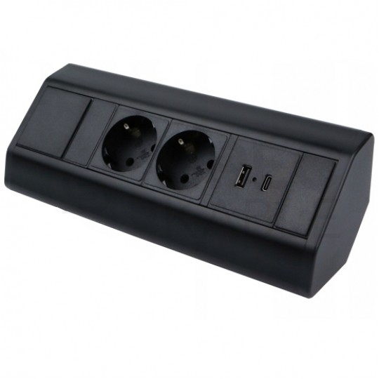 Gniazdo meblowe narożne CORNER BOX czarne podwójne 2x [2P+Z] Schuko 16A + gniazdo ładowania USB A + USB C (5V / 2,1A) z przewodem 1,8m