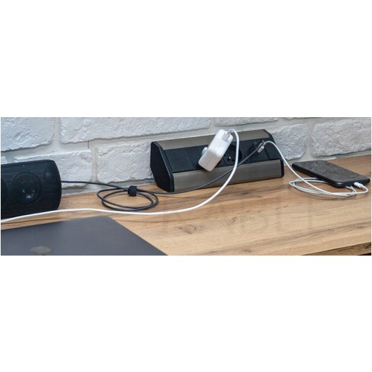 Gniazdo meblowe narożne CORNER BOX srebrno-czarne podwójne 2x [2P+Z] 16A + gniazdo ładowania USB A + USB C (5V / 2,1A) z przewodem 1,8m