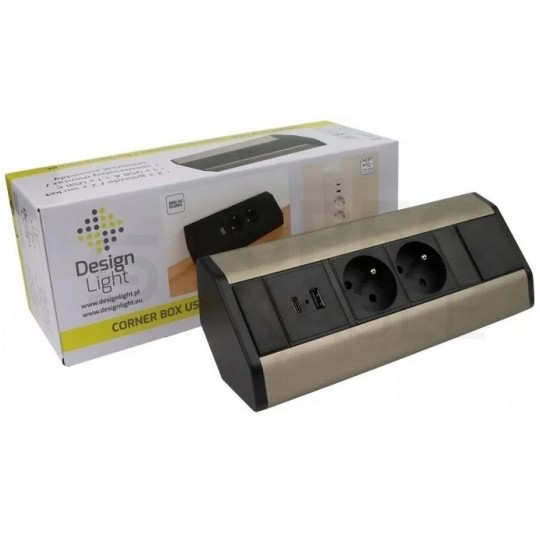 Gniazdo meblowe narożne CORNER BOX srebrno-czarne podwójne 2x [2P+Z] 16A + gniazdo ładowania USB A + USB C (5V / 2,1A) z przewodem 1,8m