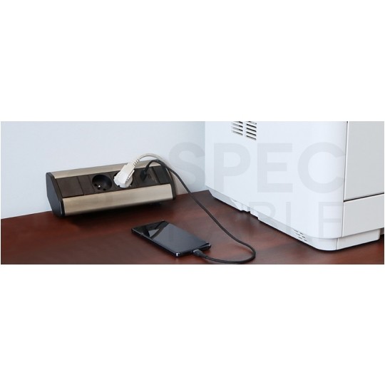 Gniazdo meblowe narożne CORNER BOX srebrno-czarne podwójne 2x [2P+Z] 16A + gniazdo ładowania USB A + USB C (5V / 2,1A) z przewodem 1,8m