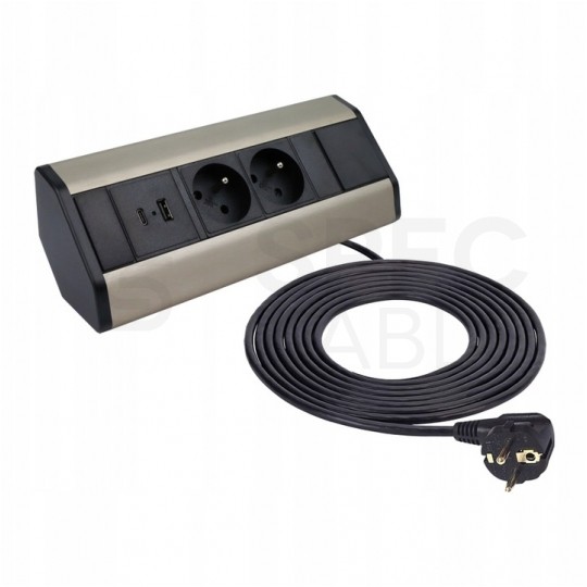 Gniazdo meblowe narożne CORNER BOX srebrno-czarne podwójne 2x [2P+Z] 16A + gniazdo ładowania USB A + USB C (5V / 2,1A) z przewodem 1,8m