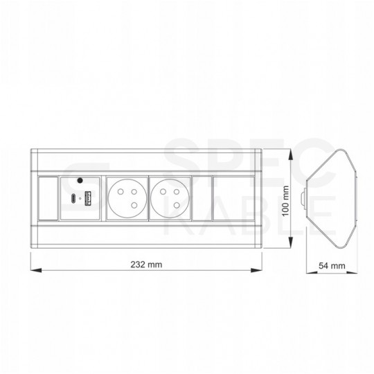 Gniazdo meblowe narożne CORNER BOX srebrno-czarne podwójne 2x [2P+Z] 16A + gniazdo ładowania USB A + USB C (5V / 2,1A) z przewodem 1,8m