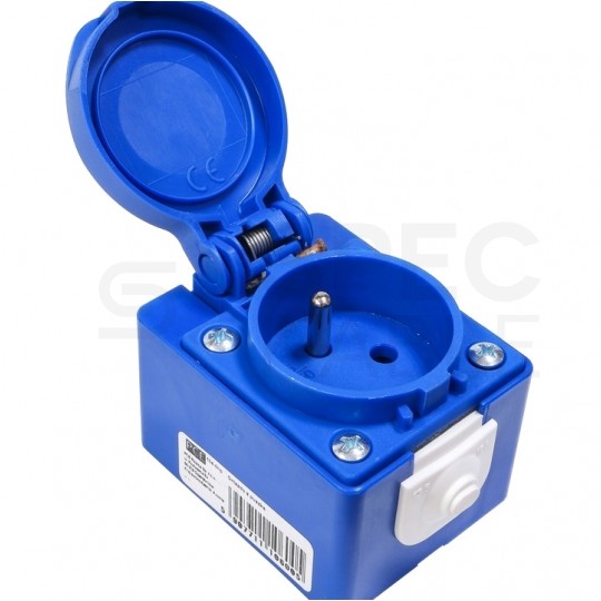 Gniazdo prądowe z klapką, z puszką [2P+Z] 16A 230V stałe IP54 PCE do obudowy niebieskie