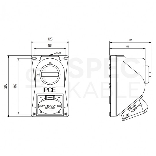 Gniazdo siłowe z klapką i wyłącznikiem [5p] 32A 400V stałe IP44 COMBO-POL PCE