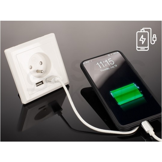 Gniazdo zasilające podtynkowe pojedyncze [2P+Z] 16A + gniazdo ładowania 2x USB (5V / 2,1A) białe KOMPLETNE Lanberg