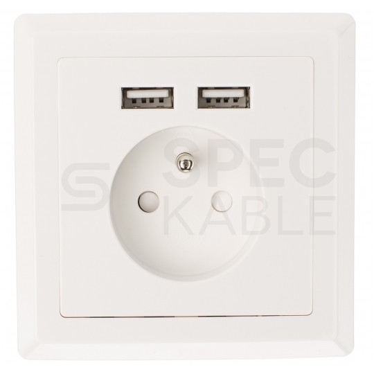 Gniazdo zasilające podtynkowe pojedyncze [2P+Z] 16A + gniazdo ładowania 2x USB (5V / 2,1A) białe KOMPLETNE Lanberg