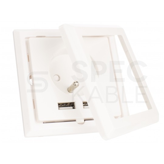 Gniazdo zasilające podtynkowe pojedyncze [2P+Z] 16A + gniazdo ładowania 2x USB (5V / 2,1A) białe KOMPLETNE Lanberg