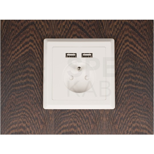 Gniazdo zasilające podtynkowe pojedyncze [2P+Z] 16A + gniazdo ładowania 2x USB (5V / 2,1A) białe KOMPLETNE Lanberg