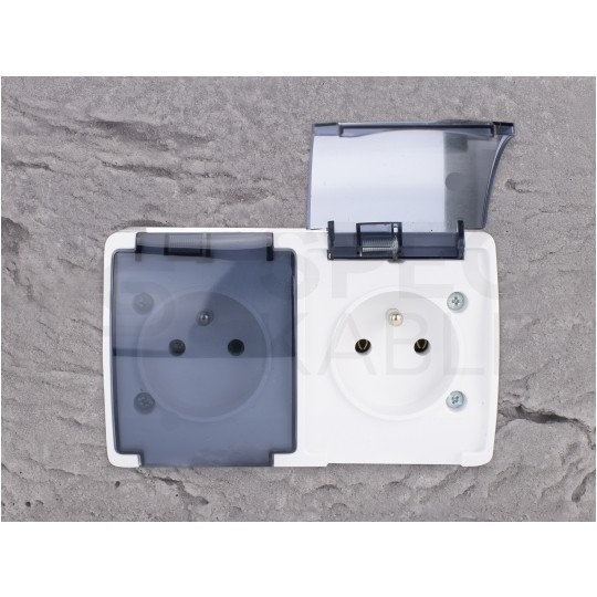 Gniazdo zasilające podwójne natynkowe hermetyczne IP44 białe z klapką transparentną 2x [2P+Z] 16A Koala ViPlast