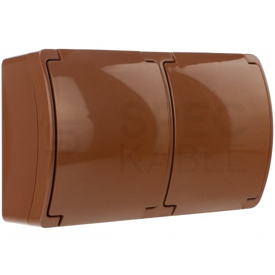 Gniazdo zasilające podwójne natynkowe hermetyczne IP44 brązowe z klapką 2x [2P+Z] 16A Koala ViPlast