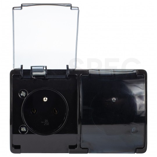 Gniazdo zasilające podwójne natynkowe hermetyczne IP44 czarne z klapką transparentną 2x [2P+Z] 16A Koala ViPlast