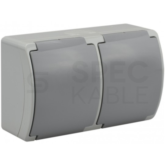 Gniazdo zasilające podwójne natynkowe hermetyczne IP44 szare z klapką 2x [2P+Z] 16A Koala ViPlast