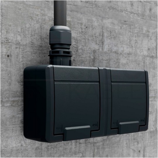 Gniazdo zasilające podwójne natynkowe hermetyczne IP55 antracytowe z klapką 2x [2P+Z] 16A Aquant 2K