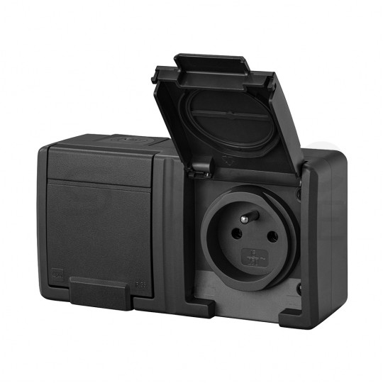 Gniazdo zasilające podwójne natynkowe hermetyczne IP55 antracytowe z klapką 2x [2P+Z] 16A Aquant 2K