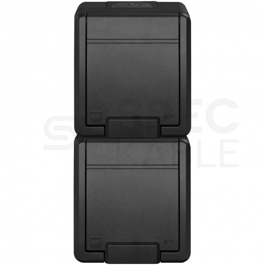 Gniazdo zasilające podwójne natynkowe hermetyczne IP55 antracytowe z klapką 2x [2P+Z] z przesłonami, pionowe Aquant 2K