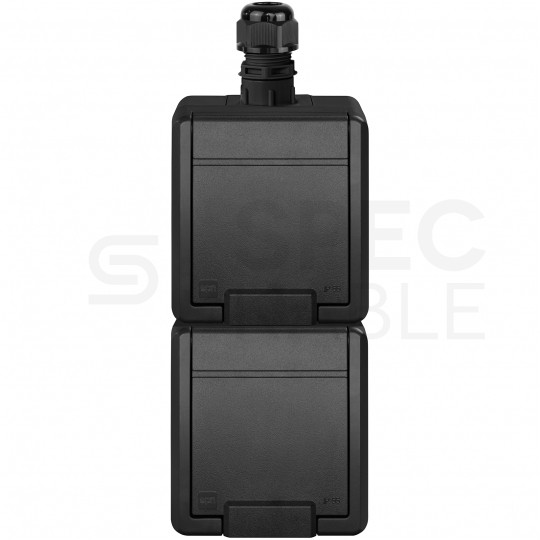 Gniazdo zasilające podwójne natynkowe hermetyczne IP65 antracytowe z klapką 2x [2P+Z] z przesłonami, pionowe Aquant 2K