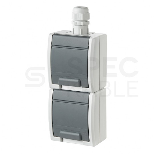Gniazdo zasilające podwójne natynkowe hermetyczne IP65 szare z klapką 2x [2P+Z] Schuko, pionowe Aquant