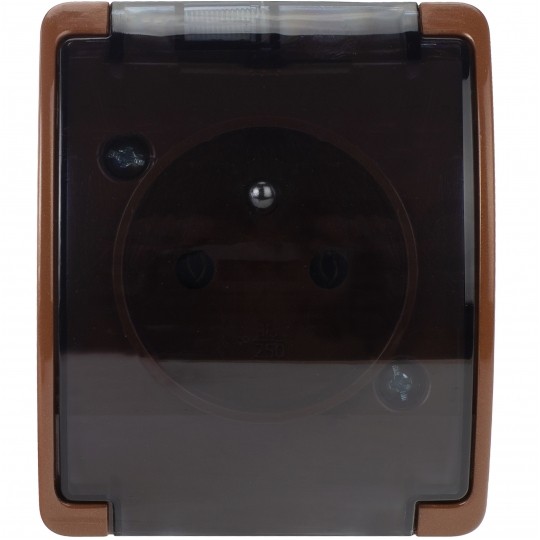 Gniazdo zasilające pojedyncze natynkowe hermetyczne IP44 brązowe z klapką transparentną [2P+Z] 16A Koala ViPlast