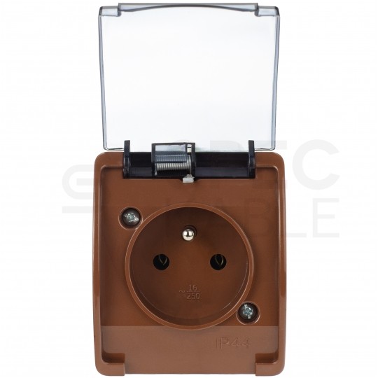 Gniazdo zasilające pojedyncze natynkowe hermetyczne IP44 brązowe z klapką transparentną [2P+Z] 16A Koala ViPlast
