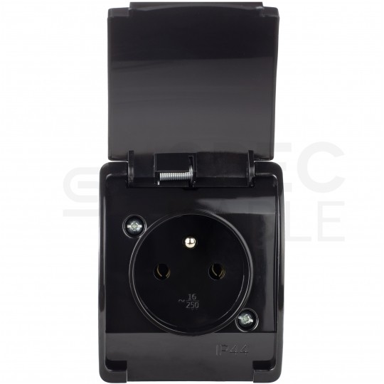 Gniazdo zasilające pojedyncze natynkowe hermetyczne IP44 czarne z klapką [2P+Z] 16A Koala ViPlast