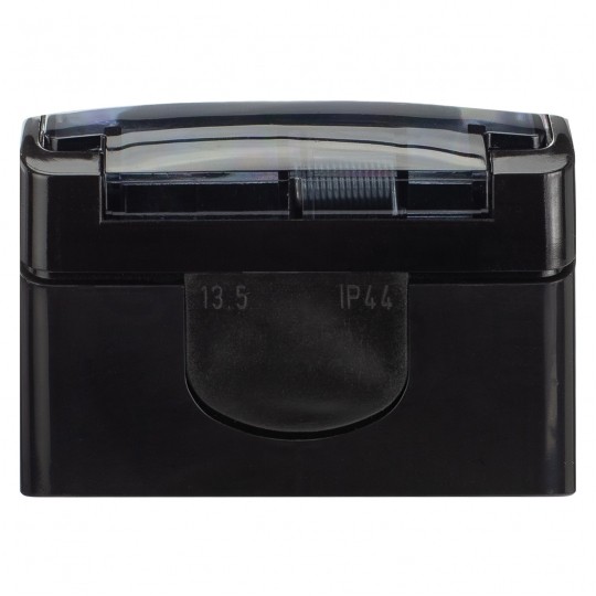 Gniazdo zasilające pojedyncze natynkowe hermetyczne IP44 czarne z klapką transparentną [2P+Z] 16A Koala ViPlast