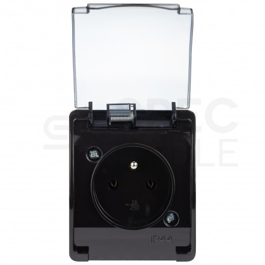 Gniazdo zasilające pojedyncze natynkowe hermetyczne IP44 czarne z klapką transparentną [2P+Z] 16A Koala ViPlast