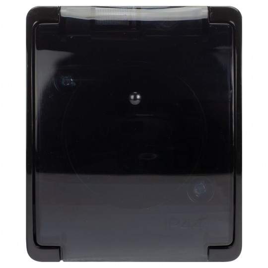 Gniazdo zasilające pojedyncze natynkowe hermetyczne IP44 czarne z klapką transparentną [2P+Z] 16A Koala ViPlast