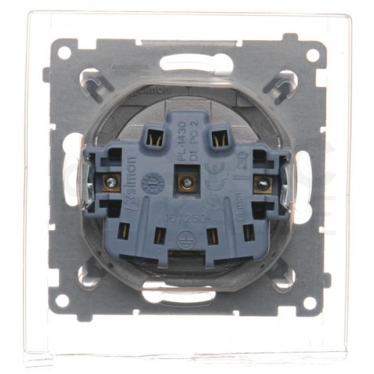 Gniazdo zasilające pojedyncze SIMON 54 z klapką transparentną i uszczelką IP44 srebrne matowe [2P+Z] 16A z przesłonami Kontakt Simon DGZ1BZ.01/43A
