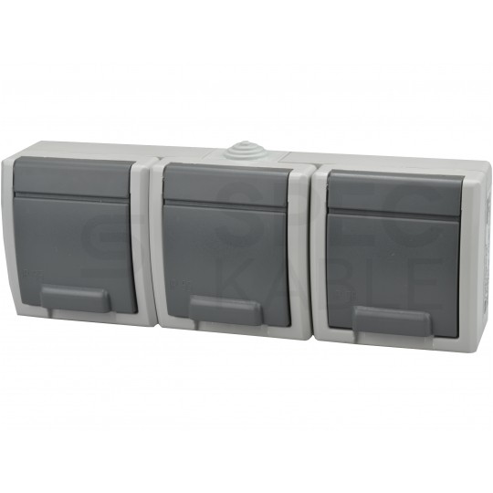 Gniazdo zasilające potrójne natynkowe hermetyczne IP55 szare z klapką 3x [2P+Z] 16A Aquant
