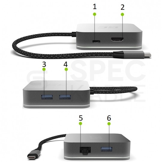 Green Cell Adapter 6w1 Hub USB typ-C -> HDMI 4K@30 + 3x USB 3.0 A + USB 3.1 typ-C (PD 87W, QC 3.0/4.0) + Gigabit Ethernet RJ45 [8p8c]