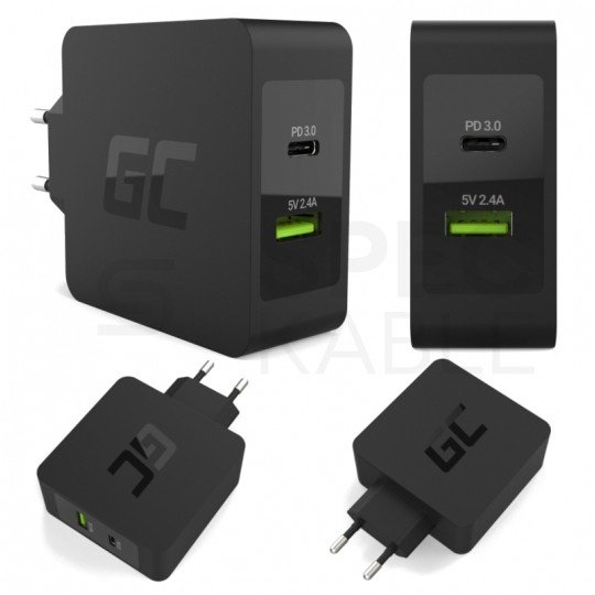 Green Cell Ładowarka sieciowa 1x USB typ-A + 1x USB typ-C Power Delivery (45W) czarna