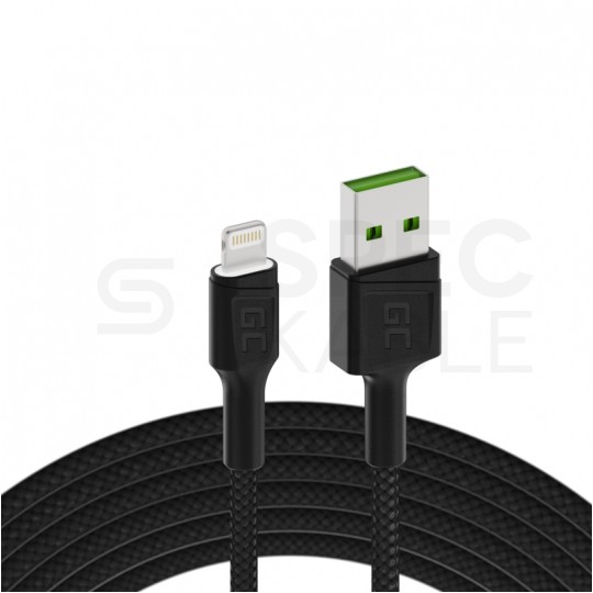 GREEN CELL RAY LED z białym podświetleniem Kabel USB 2.0 typ-A / Lightning 8-pin (wtyk / wtyk) 2.4A czarny 2m