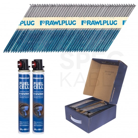 Gwoździe do drewna 3,1x75mm czarne, gładkie na papierze 2200 sztuk + 2x gaz do gwoździarki WW90II Rawlplug R-DPK-3175-V